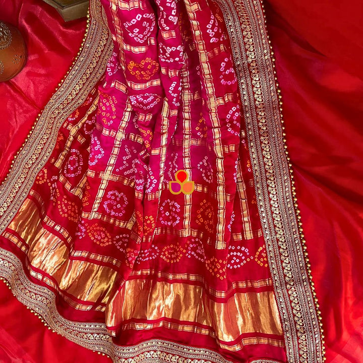 anokherang Dupattas Bridal Red & Pink Rangrez Royal Bandhani Silk Dupatta