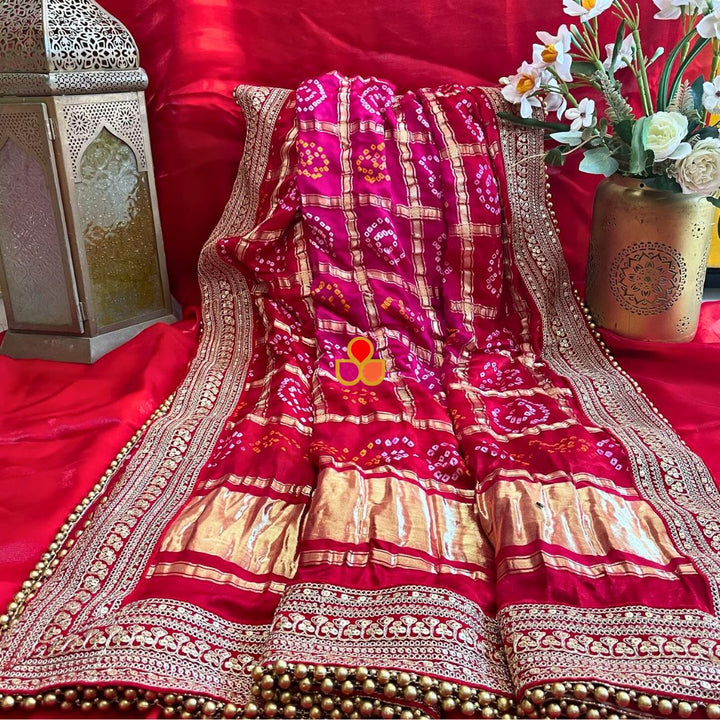 anokherang Dupattas Bridal Red & Pink Rangrez Royal Bandhani Silk Dupatta