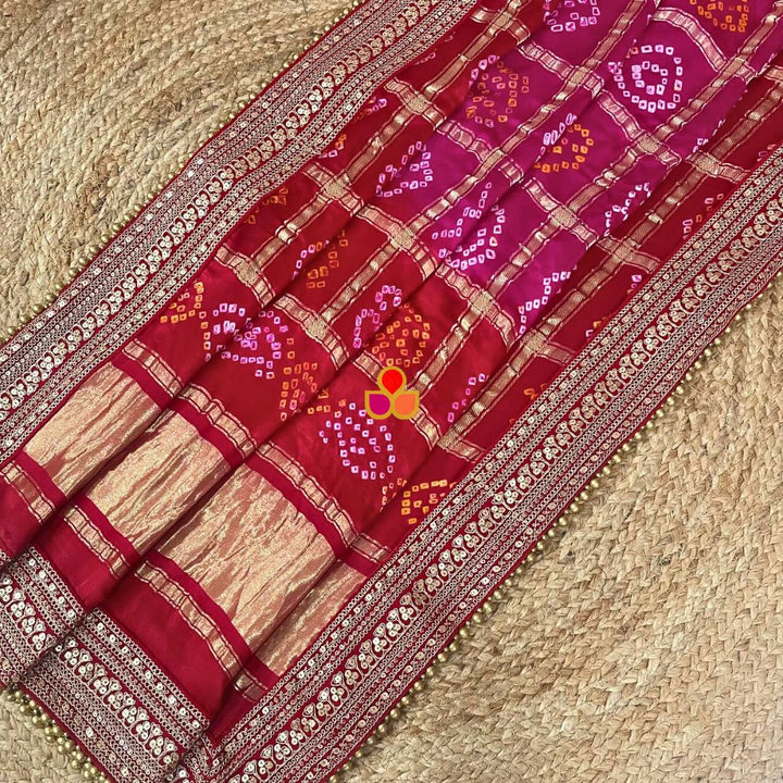 anokherang Dupattas Bridal Red & Pink Rangrez Royal Bandhani Silk Dupatta