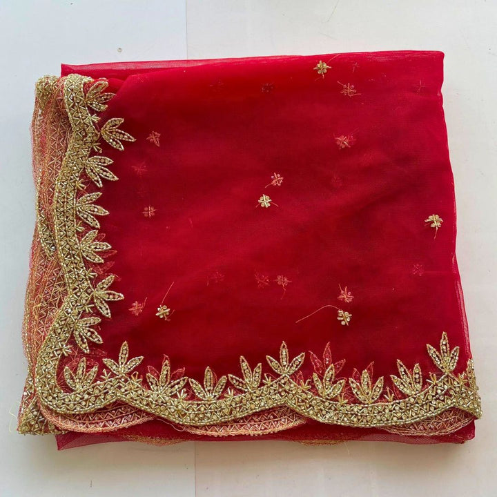 anokherang Dupattas Bridal Red Ruhani Hand Embroidered Scalloped Net Dupatta