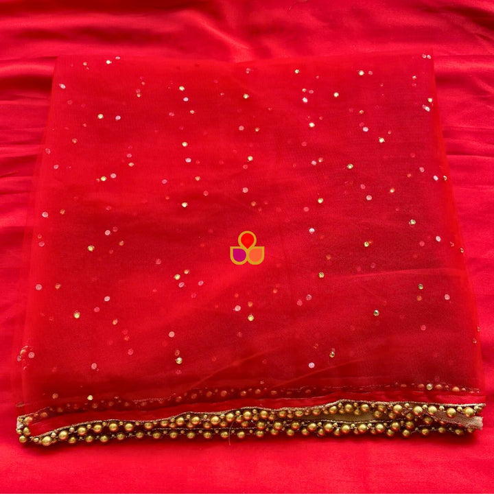 anokherang Dupattas Bridal Red Stone Beaded Net Trail Dupatta