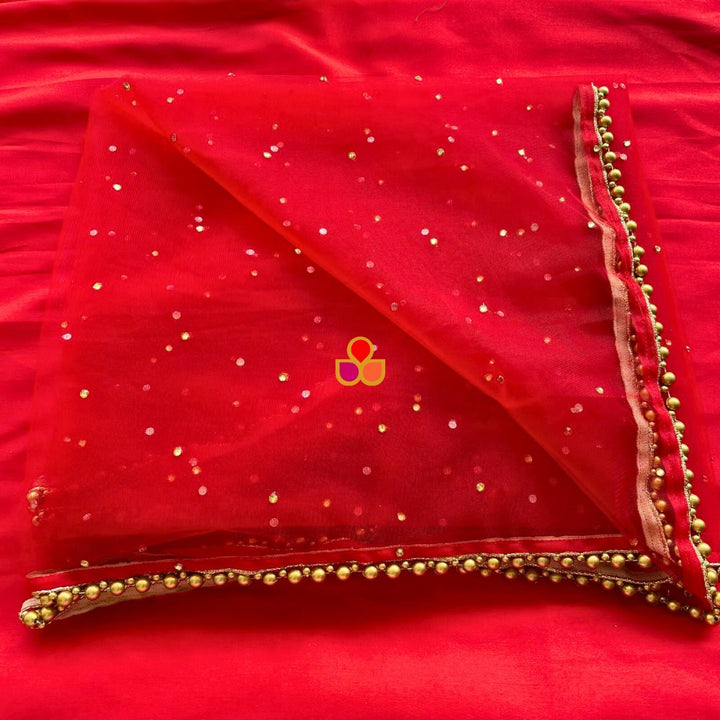 anokherang Dupattas Bridal Red Stone Beaded Net Trail Dupatta