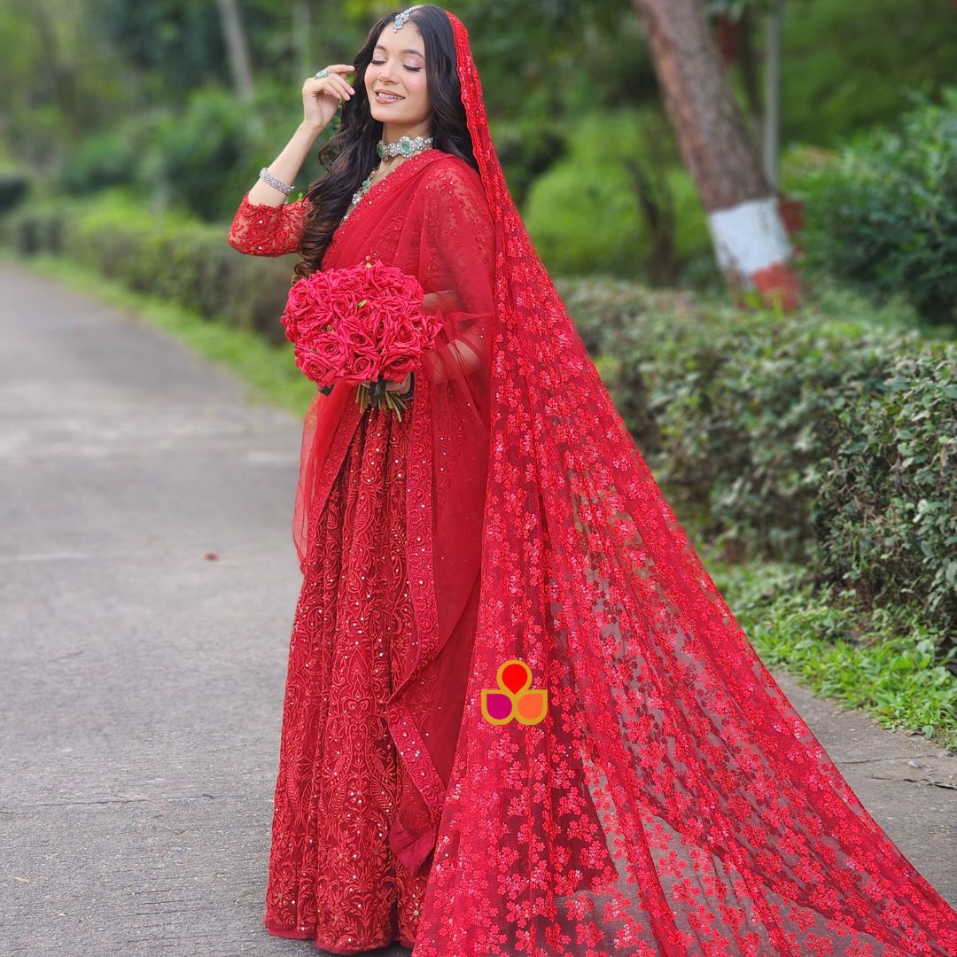 Bridal Red Zari cheapest Velvet Embroidered Net Dupatta