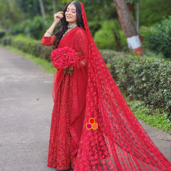 anokherang Dupattas Bridal Red Trail All Over Embroidered Net Dupatta