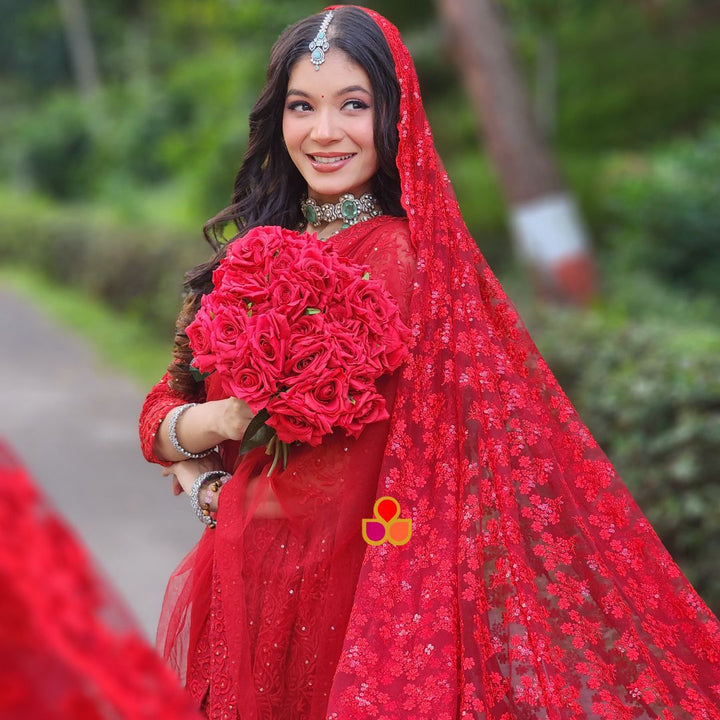 anokherang Dupattas Bridal Red Trail All Over Embroidered Net Dupatta