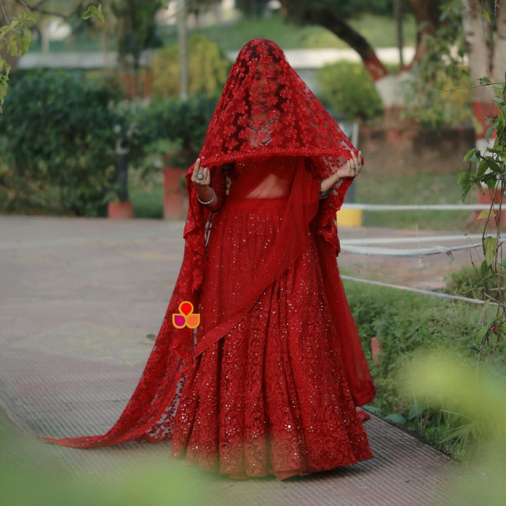 anokherang Dupattas Bridal Red Trail All Over Embroidered Net Dupatta