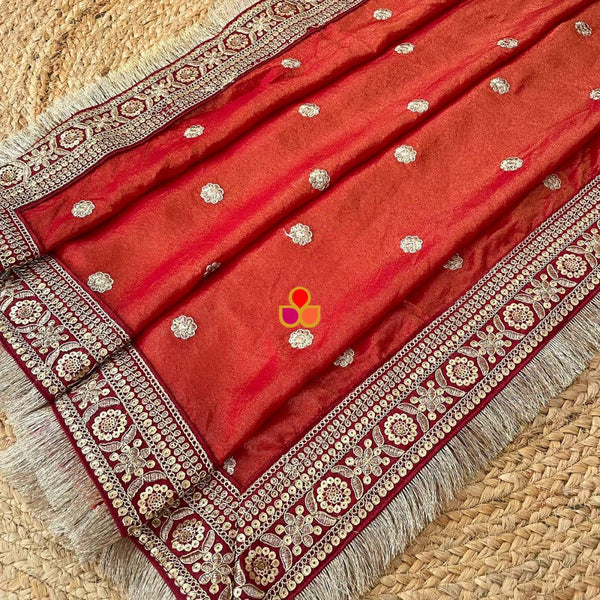 anokherang Dupattas Bridal Rust Flower Embroidered Silk Fringed Dupatta