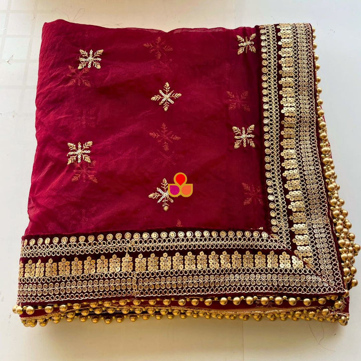 anokherang Dupattas Bridal Saanjh Maroon Embroidered Sequin Organza Dupatta