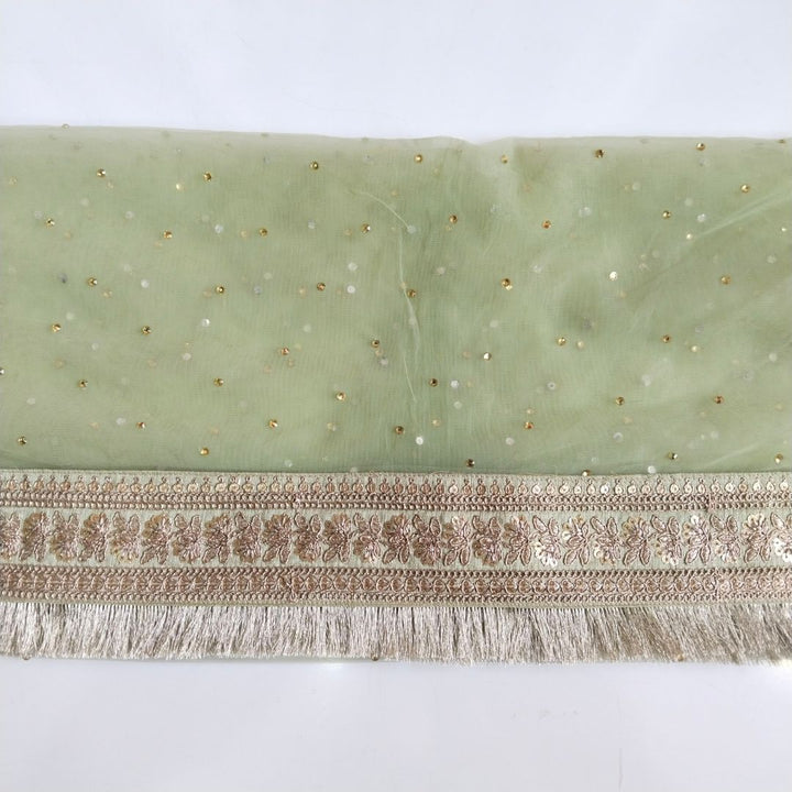 anokherang Dupattas Bridal Sage Green Gold Zari Embroidered Net Stone Fringe Dupatta