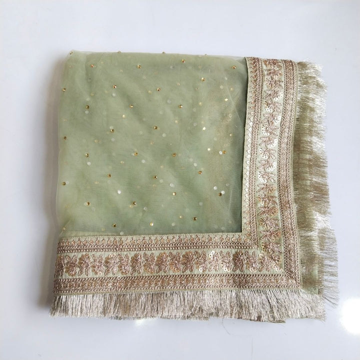 anokherang Dupattas Bridal Sage Green Gold Zari Embroidered Net Stone Fringe Dupatta