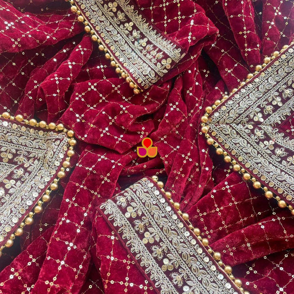 anokherang Dupattas Bridal Sama Maroon Embroidered Sequin Velvet Dupatta