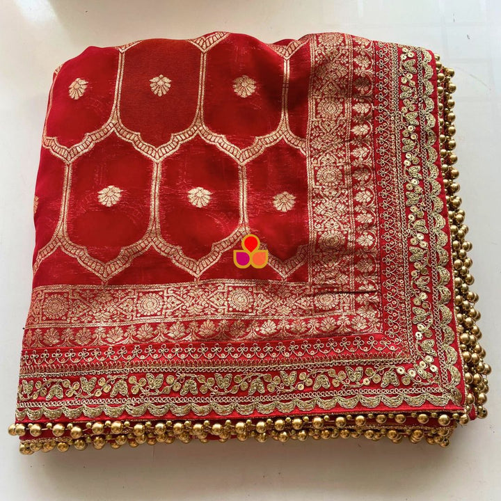 anokherang Dupattas Bridal Sangam Red Zari Embroidered Organza Dupatta