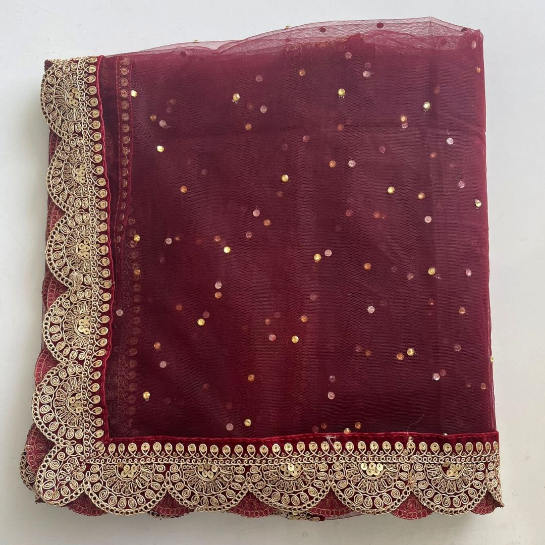 Newest Bridal Prism Wine Stone Embroidered Border Net Dupatta