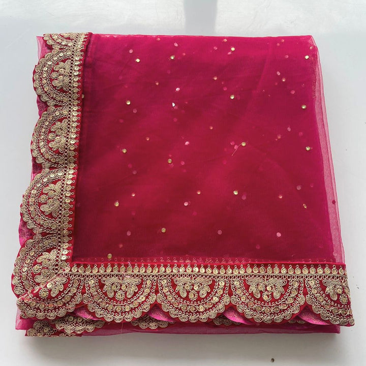 anokherang Dupattas Bridal Saugaat Pink Stone Scalloped Net Dupatta