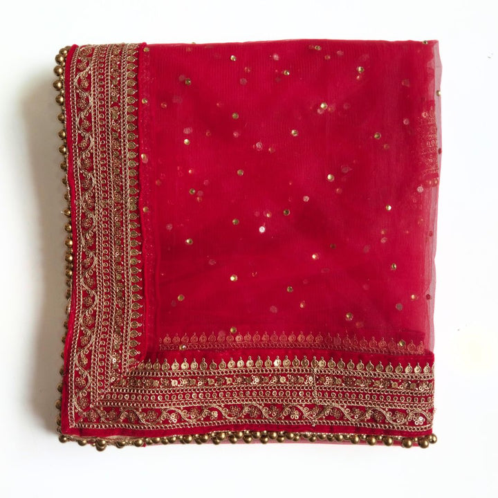 anokherang Dupattas Bridal Saugaat Red Stone Embroidered Bead Net Dupatta