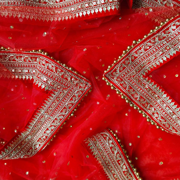 anokherang Dupattas Bridal Saugaat Red Stone Embroidered Bead Net Dupatta