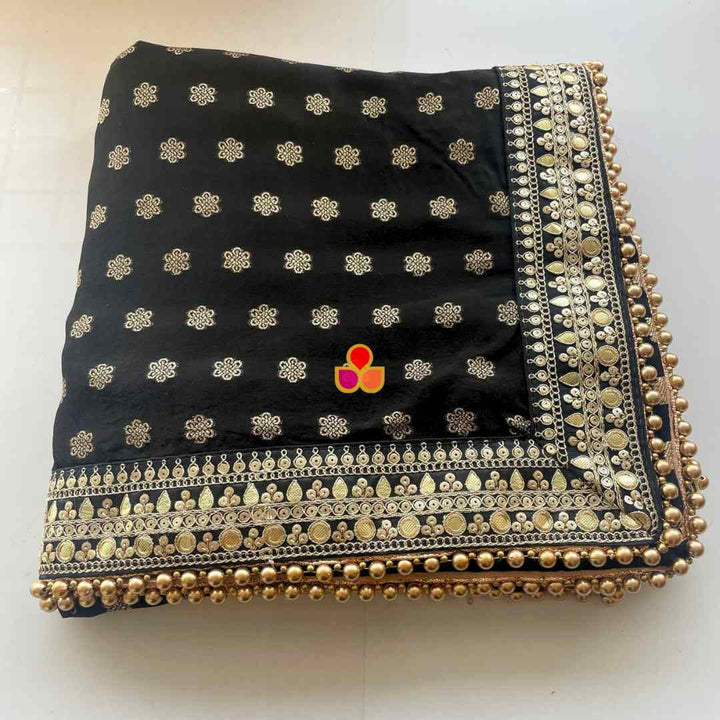 anokherang Dupattas Bridal Shahiba Black Floral Embroidered Silk Dupatta