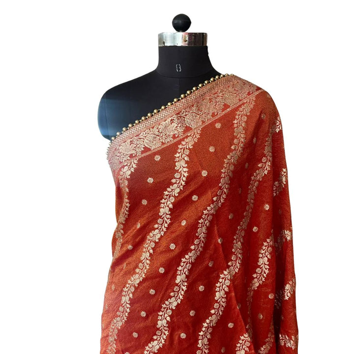 anokherang Dupattas Bridal Tangerine Rust Gold Banarasi Silk Beaded Dupatta