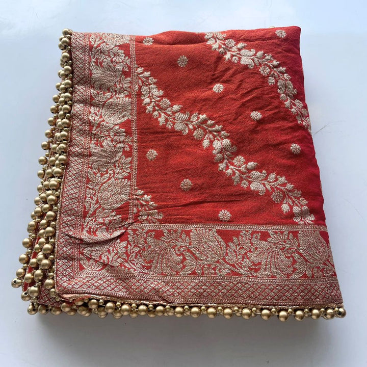 anokherang Dupattas Bridal Tangerine Rust Gold Banarasi Silk Beaded Dupatta