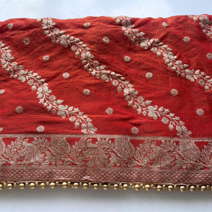 anokherang Dupattas Bridal Tangerine Rust Gold Banarasi Silk Beaded Dupatta