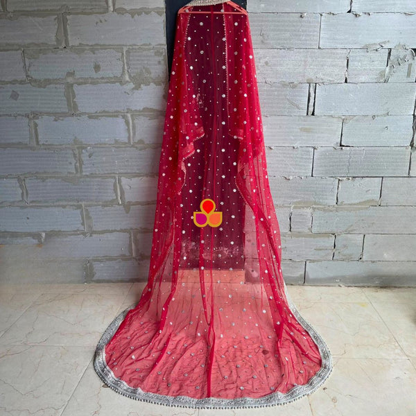 anokherang Dupattas Bridal Tara Red Trail Silver Embroidered Net Sequin Dupatta