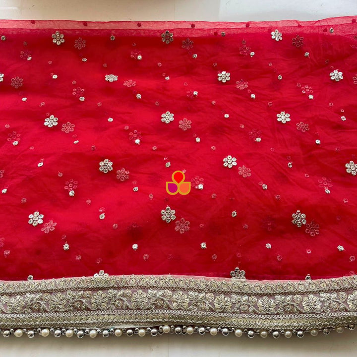 anokherang Dupattas Bridal Tara Red Trail Silver Embroidered Net Sequin Dupatta