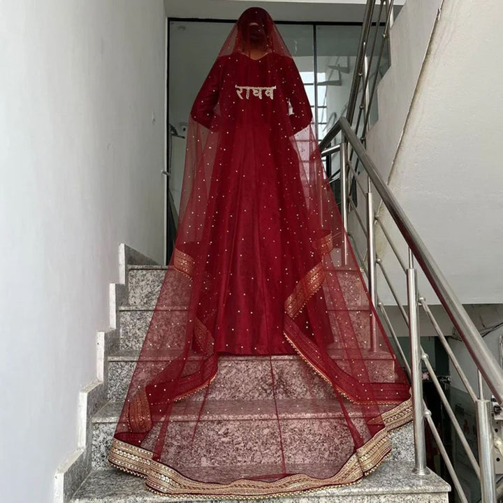 anokherang Dupattas Customized Bridal Maroon Queen Trail Net Dupatta with with any Text of your Choice (Name, Hashtags, Date, Message to your loved one etc.) up to 12 characters (Copy)
