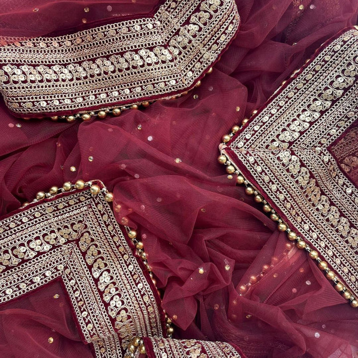 anokherang Dupattas Customized Bridal Maroon Queen Trail Net Dupatta with with any Text of your Choice (Name, Hashtags, Date, Message to your loved one etc.) up to 12 characters