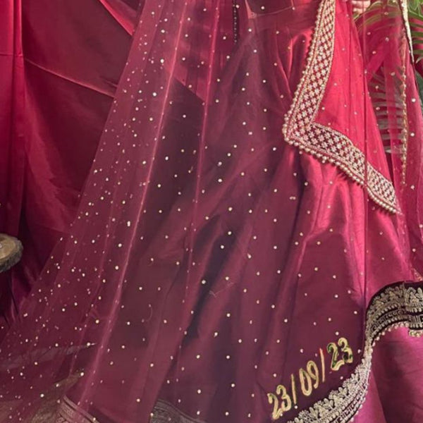 anokherang Dupattas Customized Bridal Maroon Queen Trail Net Dupatta with with any Text of your Choice (Name, Hashtags, Date, Message to your loved one etc.) up to 12 characters