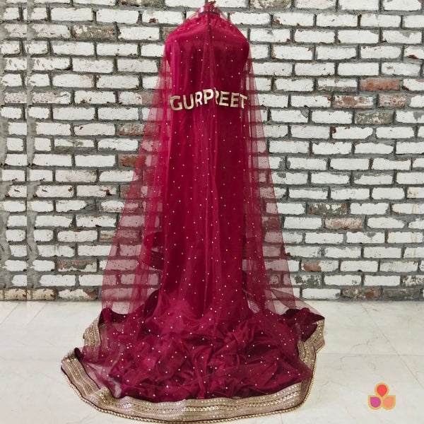 anokherang Dupattas Customized Bridal Maroon Trail Net Dupatta with with any Text of your Choice (Name, Hashtags, Date, Message to your loved one etc.) up to 12 characters (Copy)