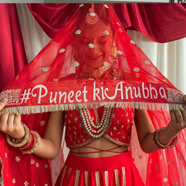anokherang Dupattas Customized Bridal Saugaat Net Dupatta with any Text of your Choice (Name, Hashtags, Date, Message to your loved one etc.) up to 12 characters