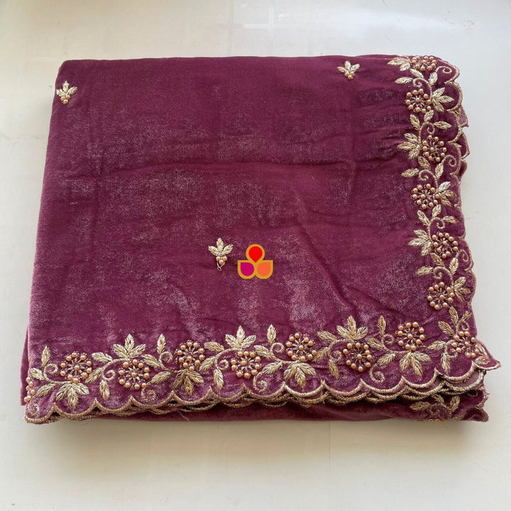 anokherang Dupattas Dusty Mauve Pearl Zari Embroidered Soft Velvet Scalloped Dupatta