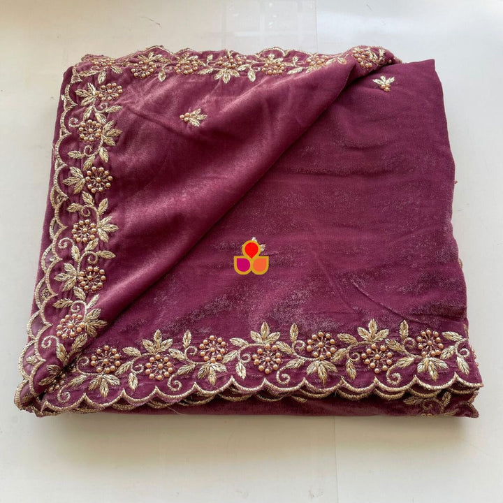 anokherang Dupattas Dusty Mauve Pearl Zari Embroidered Soft Velvet Scalloped Dupatta