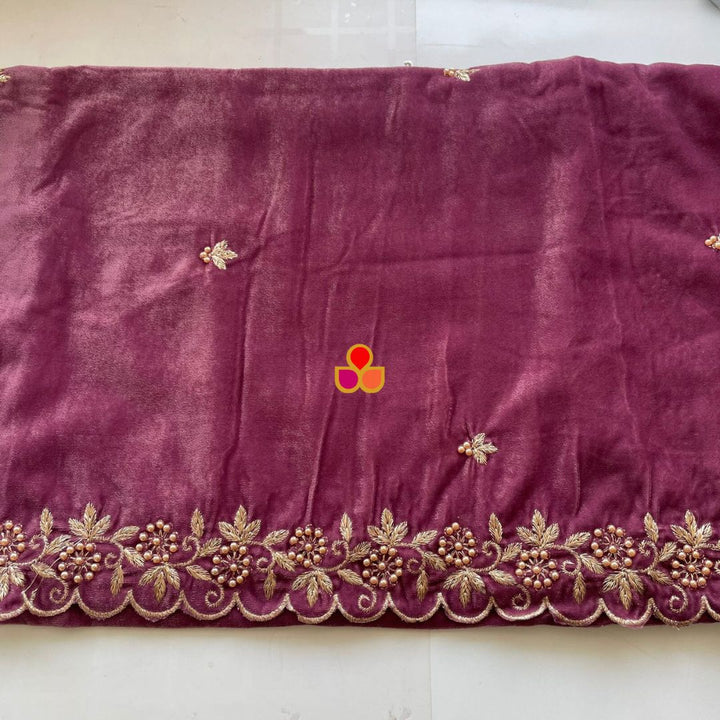 anokherang Dupattas Dusty Mauve Pearl Zari Embroidered Soft Velvet Scalloped Dupatta