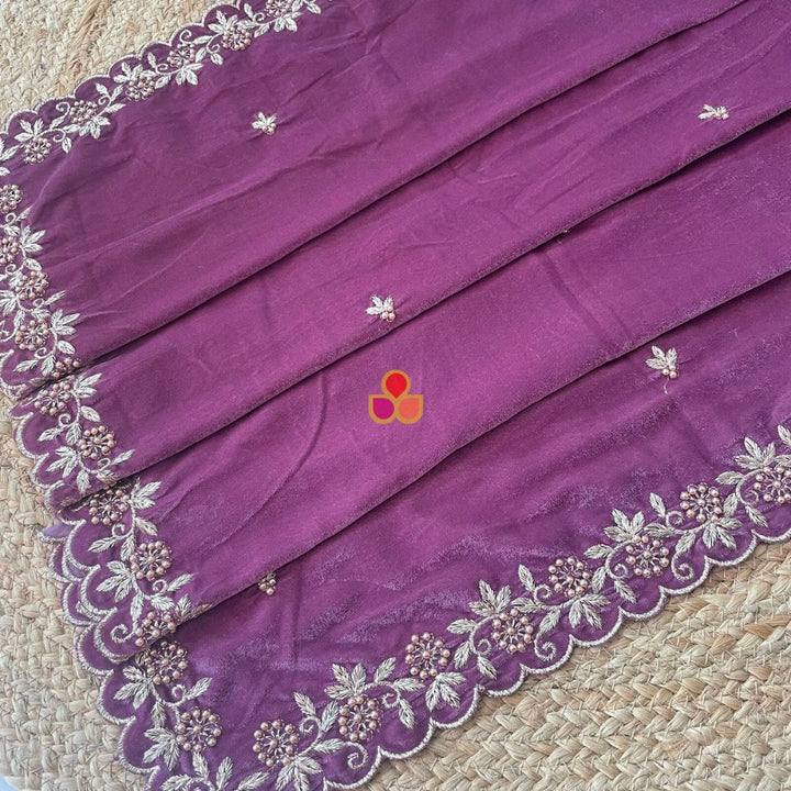 anokherang Dupattas Dusty Mauve Pearl Zari Embroidered Soft Velvet Scalloped Dupatta