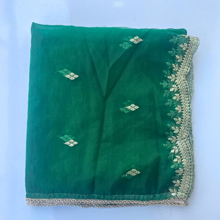 anokherang Dupattas Emerald Green Delight Zari Embroidered Organza Dupatta