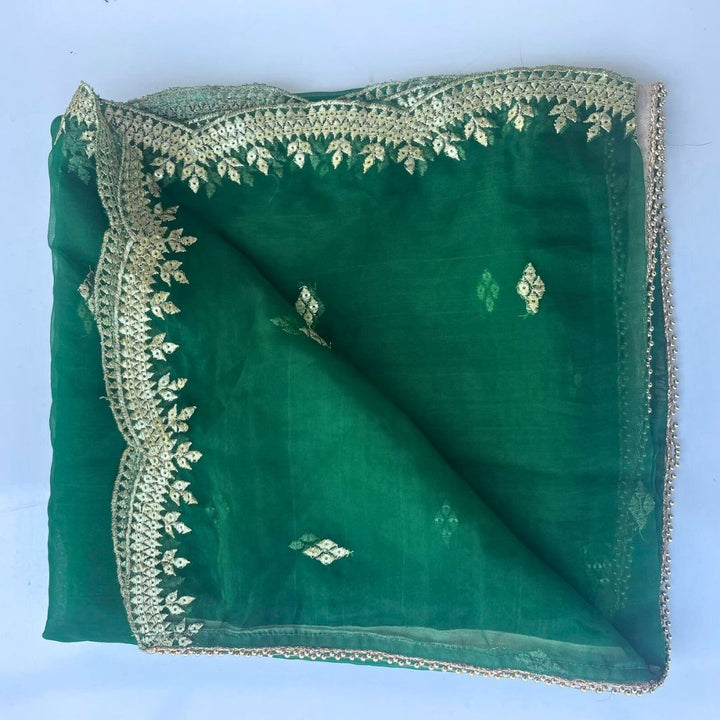 anokherang Dupattas Emerald Green Delight Zari Embroidered Organza Dupatta