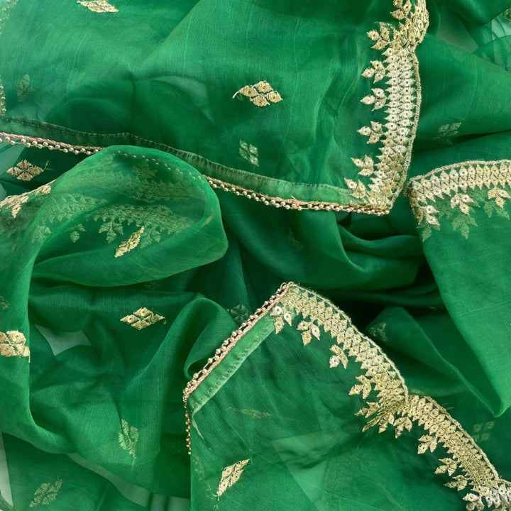 anokherang Dupattas Emerald Green Delight Zari Embroidered Organza Dupatta