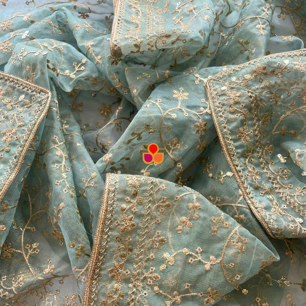 anokherang Dupattas Fiza Aqua Blue Floral Embroidered Organza Dupatta