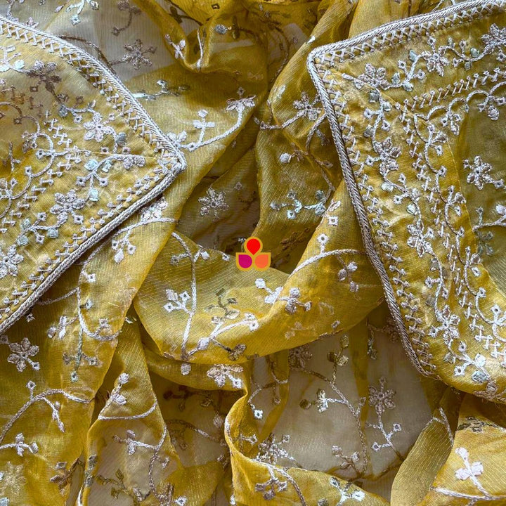 anokherang Dupattas Fiza Mustard Floral Embroidered Organza Dupatta