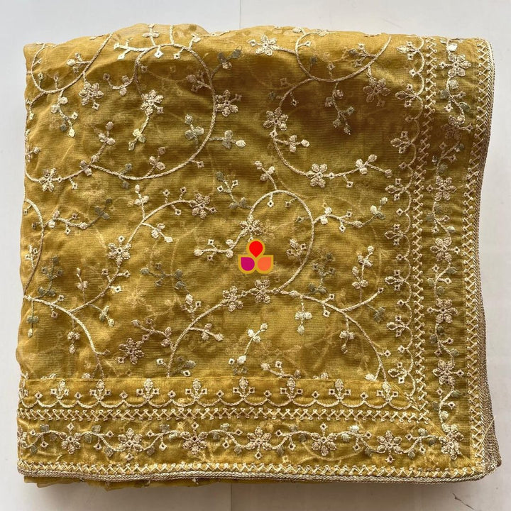 anokherang Dupattas Fiza Mustard Floral Embroidered Organza Dupatta