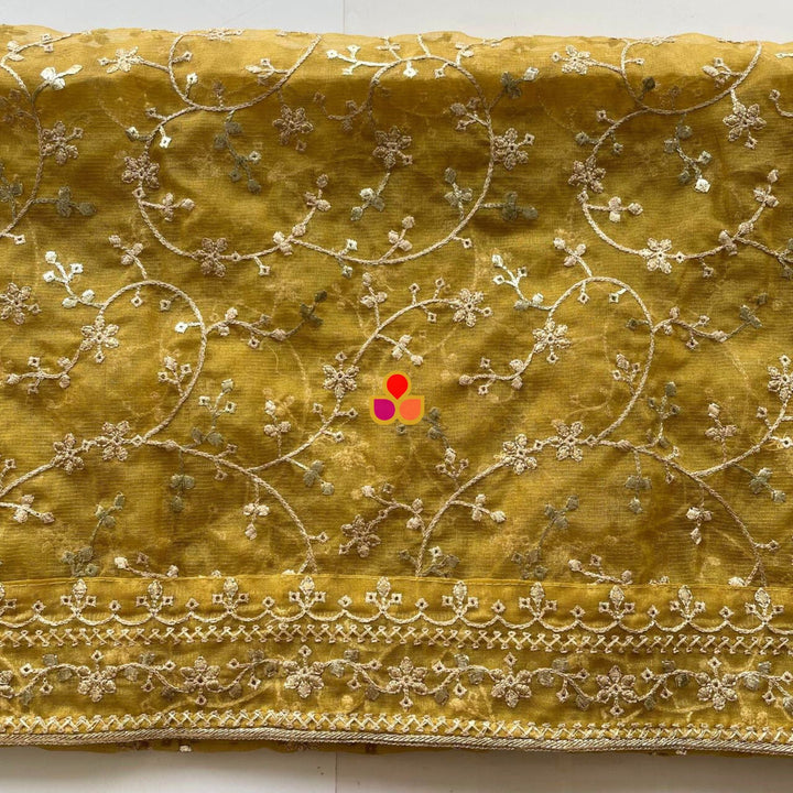 anokherang Dupattas Fiza Mustard Floral Embroidered Organza Dupatta