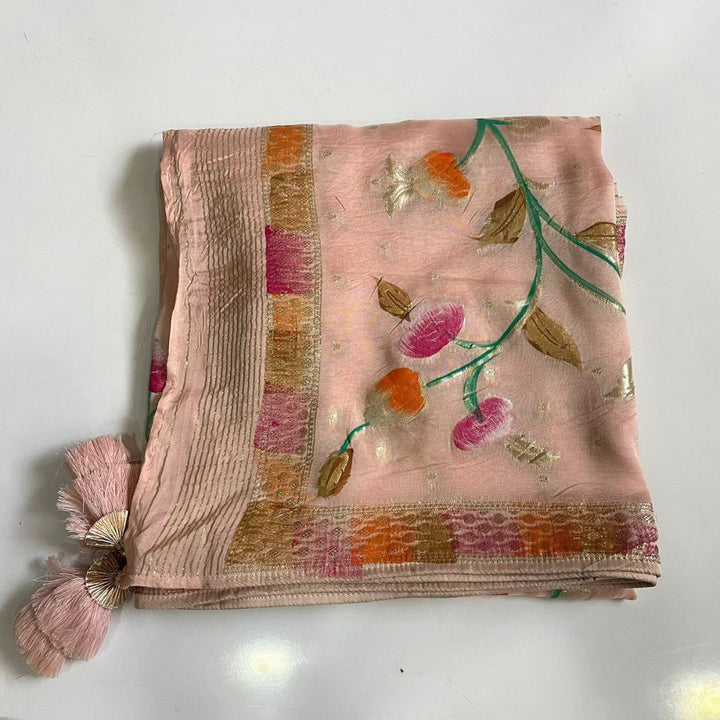 anokherang Dupattas Glam Peach Hand Painted Chinnon Dupatta