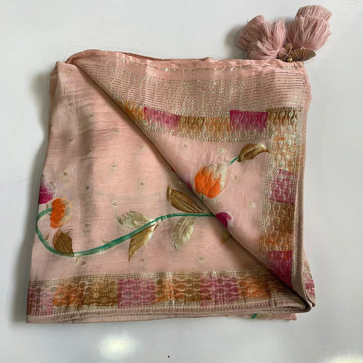 anokherang Dupattas Glam Peach Hand Painted Chinnon Dupatta