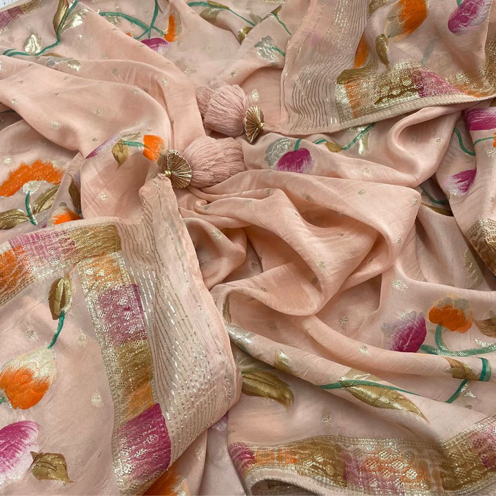 anokherang Dupattas Glam Peach Hand Painted Georgetta Dupatta