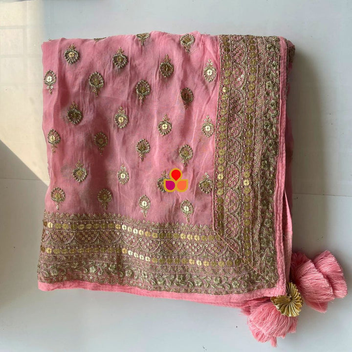 anokherang Dupattas Glamour Baby Pink Gold Sequin Georgette Dupatta