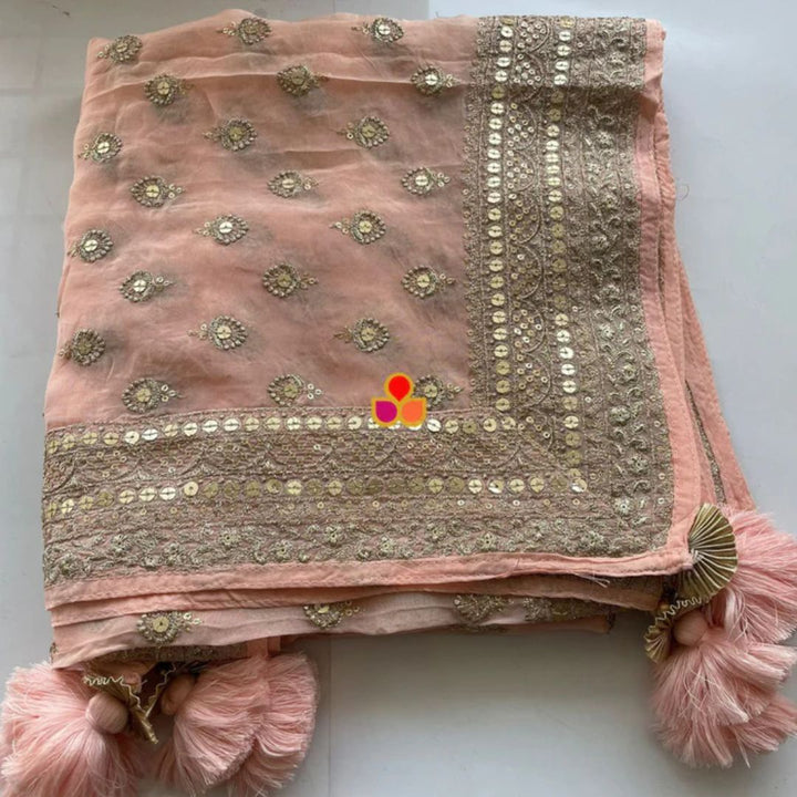 anokherang Dupattas Glamour Peach Gold Sequin Georgette Dupatta