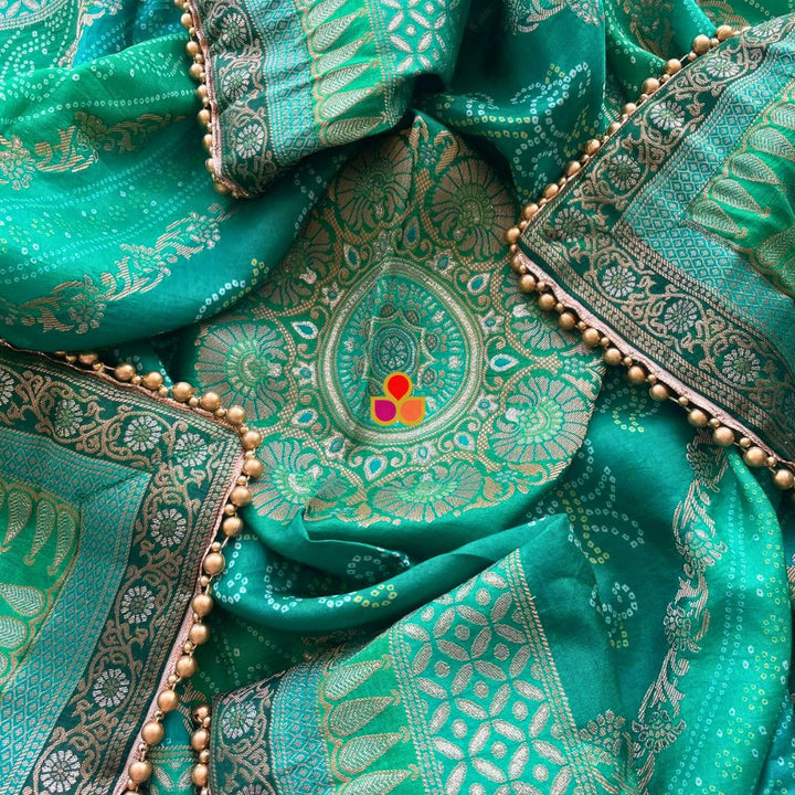 anokherang Dupattas Green Multicolor Banarasi Bandhej Dupatta