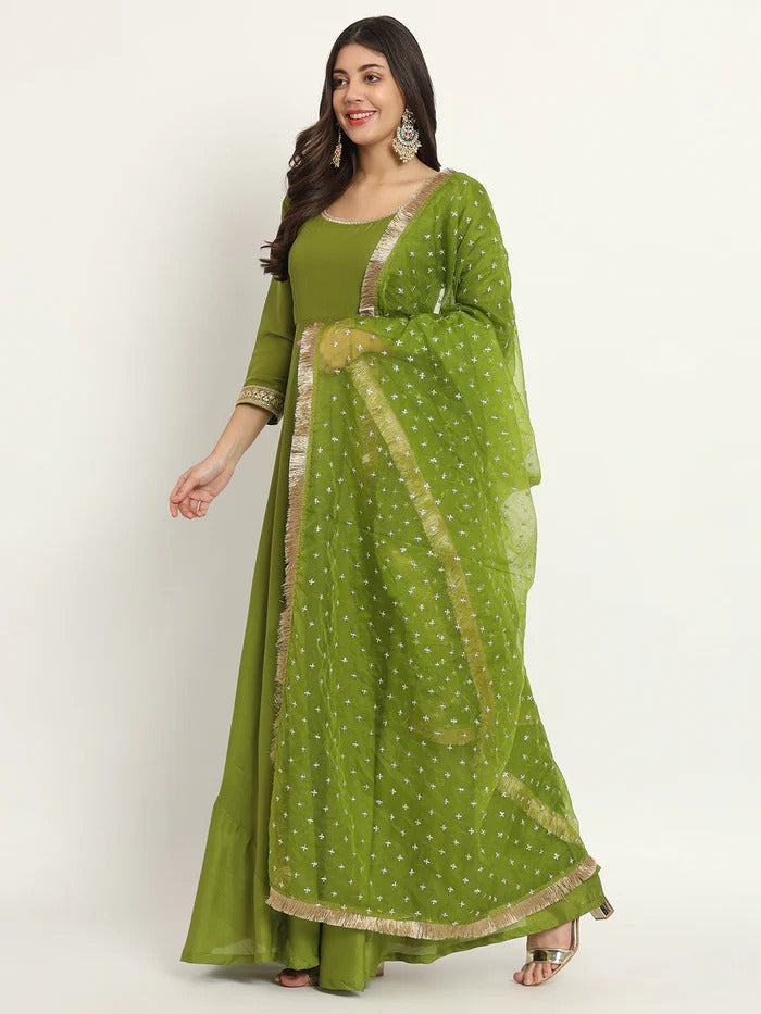 anokherang Dupattas Green Pakeeza Organza Fringed Dupatta