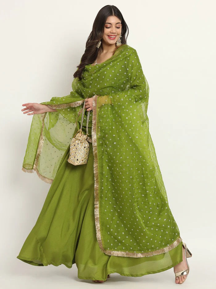 anokherang Dupattas Green Pakeeza Organza Fringed Dupatta